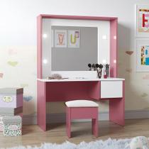 Penteadeira Infantil Diana Com Espelho Led E Banqueta Rosa/Branco - Ofertamo