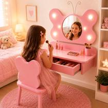 Penteadeira Infantil Feminina Camarim Rosa Acompanha Espelho Luzes, Banco e Espelho Em MDF Qualidade e Acabamento Sofisticado Penteadeira Infantil Feminina Camarim Rosa Acompanha Espelho Luzes, Banco e Espelho Em MDF Qualidade e Acabamento Sofisticado