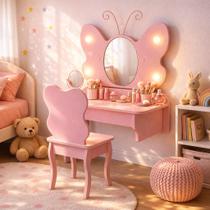 Penteadeira Infantil Menina Rosa Camarim Com Espelho e LED Com Gaveta e Cadeira Formato de Borboleta