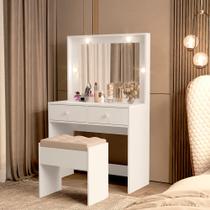 Penteadeira Lívia com Espelho Iluminado 2 Gavetas e Banqueta Estofada para Quarto Moderno - Branco Penteadeira Lívia com Espelho Iluminado 2 Gavetas e Banqueta Estofada para Quarto Moderno - Branco