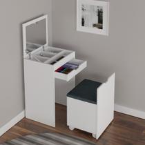 Penteadeira Quarto Compacta com Espelho 1 Gaveta e Puff MDP Branco/Tecido369 Tecnomobili Cor:Branco/Tecido369