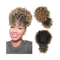 Penteado Afro Puff Preto Cacheado Sintético Com Franja E Cordão Para Mulheres