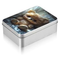 Pequena caixa de lata de metal JNFBWULO Teddy Cub com tampa 12,5 x 9 x 4 cm prata