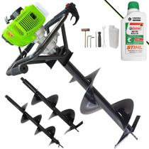 Perfurador de Solo Máquina Fura Terra À Gasolina Menegotti MPS-52 52cc 1,8HP 9.000rpm Com Ignição Eletrônica e Empunhadura Ergonômica + Kit 3 Brocas 80x20cm, 80x25cm e 80x30cm + ÓLEO STIHL 2T