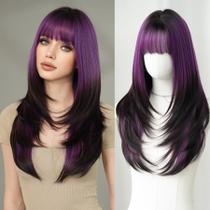 Peruca 7JHH WIGS longa reta roxa sintética com franja de 65 cm