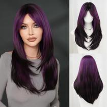 Peruca 7JHH WIGS Ombre longa roxa escura com franja resistente ao calor