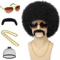 Peruca afro masculina Costume Wallden Hair 70s com conjunto de acessórios preta