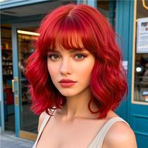 Peruca AGO 14" Short Wavy Curly Bob Vermelha Escura Sintética
