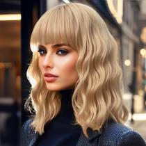 Peruca AGO Blonde Bob Wavy com franja 35 cm de cabelo sintético