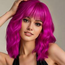 Peruca AGO Rosa Roxa Ondulada com Franja Pastel Bob 35cm