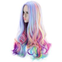 Peruca AGPTEK Full Long Curly Wavy Rainbow Hair resistente ao calor