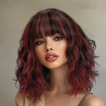 Peruca AISI HAIR sintética, ondulada, encaracolada, com franja, marrom, mistura de vinho, vermelho