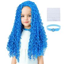 Peruca AMZCOS Long Blue Curly Wavy Synthetic para meninas, crianças e adolescentes