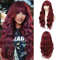 Peruca Angzon Burgundy Long Wavy Vinho Tinto com Franja 66 cm Feminina