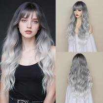 Peruca Angzon Long Wavy Grey Ombre 66 cm com franja sintética feminina