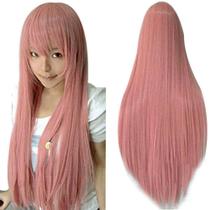 Peruca ANOGOL rosa sintética reta de 80 cm para fantasia de cosplay