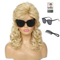 Peruca Auguyist Mullet Long Curly para mulheres dos anos 80 com óculos de sol