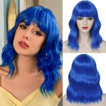 Peruca Beelu Blue Short Bob com franja solta e ondulada sintética