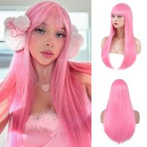 Peruca Bkiyyi rosa longa rosa claro reta com franja 60cm