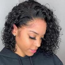 Peruca Bob Cacheada Kinky Sem Cola 12A Cabelo Humano Lace Front Pré-Desfiada 180% Densidade Para