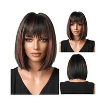 Peruca Bob Curta Lisa com Franja - Cabelo Sintético Natural Preto e Marrom