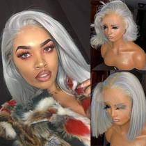 Peruca Bob de renda frontal Benafee, cabelo humano cinza, 20 cm, 180% de densidade