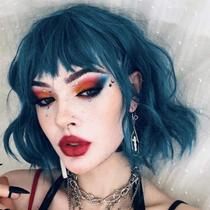 Peruca, botão de rosa, Wavy Bob com franja, cabelo sintético azul