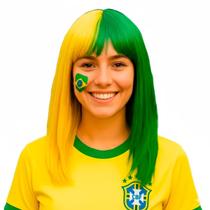 Peruca Brasil Longa com Franja Amarelo e Verde Sintética