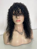Peruca cabelo humano cacheada preta com franja 45cm ondulada