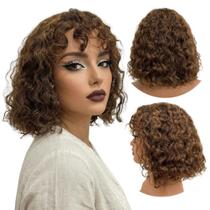 Peruca cacheada curta humana c/ franja loiro escuro castanho F4/30
