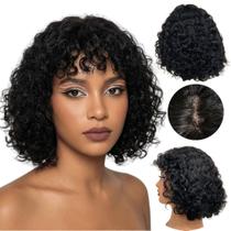 Peruca cacheada curta preta humana com franja e lace no topo 12 Peruca cacheada curta preta humana com franja e lace no topo 12