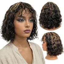 Peruca cacheada curta preta humana com franja e luzes lace F2/27 Peruca cacheada curta preta humana com franja e luzes lace F2/27