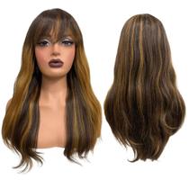 Peruca castanho claro mechas loiras com franja 55cm BHF427 Peruca castanho claro mechas loiras com franja 55cm BHF427