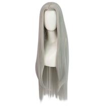 Peruca cinza prateada sintética com 100 cm de comprimento com parte central