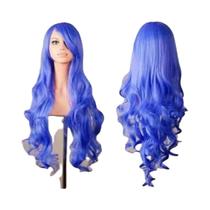 Peruca Colorida Para Cosplay Feminino Com Cabelo Longo Em Ondas Grandes E Franja Lateral Simulando