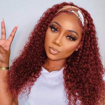 Peruca com bandana WENYAN 99J Burgundy Human Hair Deep Wave 50cm