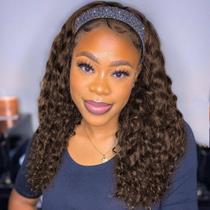 Peruca com bandana Youngirl Chocolate Brown Deep Wave Human Hair