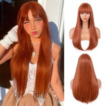 Peruca cor de T, gengibre, longa e reta, com franja, 60 cm, sintética