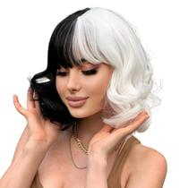 Peruca Cruella Devil Cosplay Curta Com Franja Preto E Branca