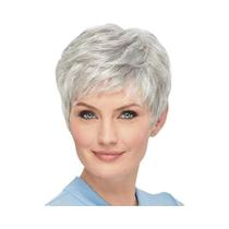Peruca Curta Cacheada Cinza Prateada Para Mulheres Brancas Misturada Com Franja Peruca Sintética De