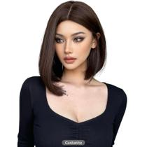 Peruca Curta Castanho Sem Franja 35cm Fibra Futura