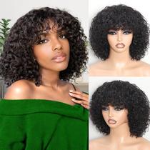 Peruca curta de cabelo humano encaracolado REMESSE com franja de 30 cm, 250% de densidade Peruca curta de cabelo humano encaracolado REMESSE com franja de 30 cm, 250% de densidade