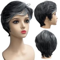 Peruca curta grisalho com franja branca unissex orgânica