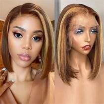 Peruca Curta Lisa Cacheada Estilo Bob Com Lace Frontal, Cabelo Humano Com Mechas, Em .