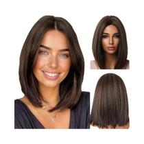 Peruca Curta Lisa Com Mechas Castanhas Para Mulheres HAIRJOY Peruca Sintética Com Parte Central