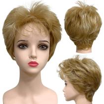 Peruca curta loira claro com franja e mechas unissex premium