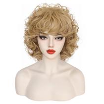 Peruca curta loira encaracolada 30cm com franja para mulheres 320g