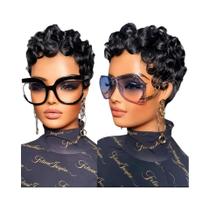 Peruca Curta Pixie Cacheada Preta Para Mulheres, Cabelo Humano Remy Brasileiro, Bob Curto, Perucas