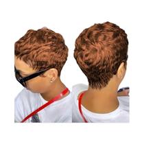 Peruca Curta Pixie Feminina De Cabelo Humano Com Franja Colorida 180 Densidade Feita À Máquina