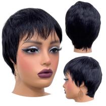 Peruca curta preta cabelo humano liso verão prática natural